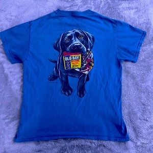 Medium Blue Old Bay graphic tee, dog, used, good condition, beach, Maryland.